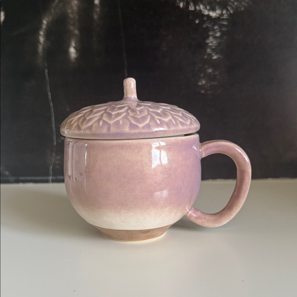 Anthropologie Mauve Acorn Ceramic Mug with Lid Stoneware